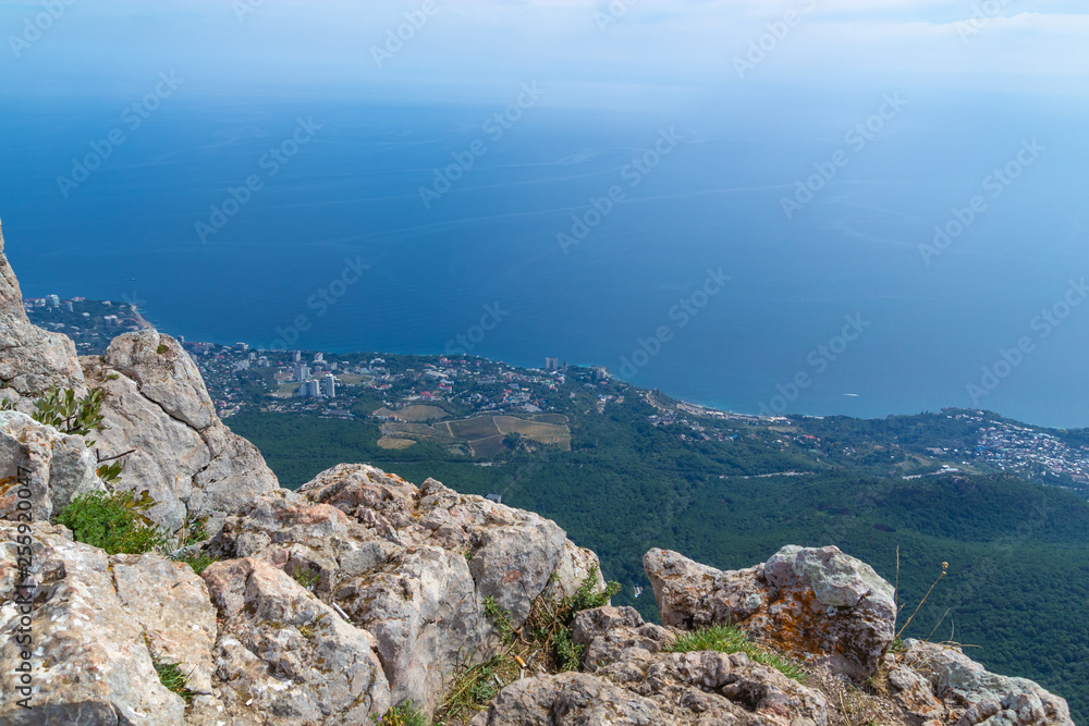 Beautiful view from the top of Mount Ai-Petri in the Crimea to Koreiz against the backdrop of the sea