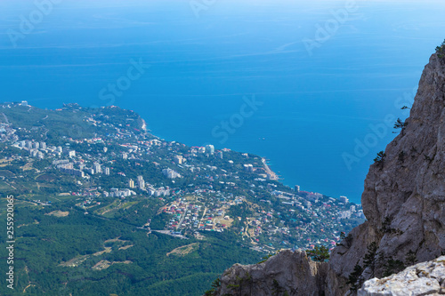 Beautiful view from the top of Mount Ai-Petri in the Crimea to Gaspra and the Swallow Nest on the background of the sea