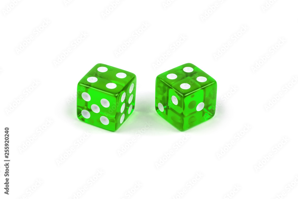 Two green glass dice isolated on white background. Four and four. Two green glass dice isolated on white background. Four and four.