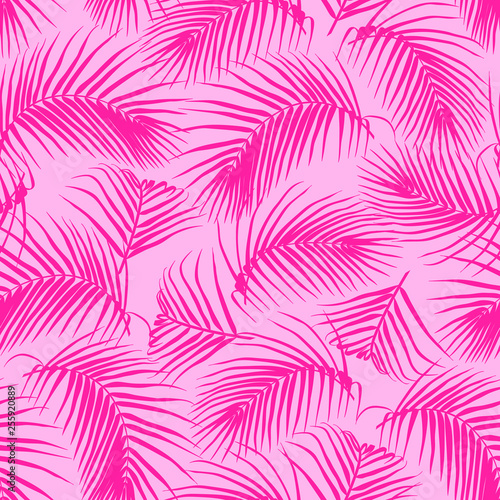 Seamless pattern with palm leaves isolated on pink background. Vector wallpaper. Abstract tropical boho vibes.