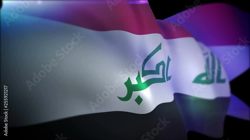 Patriotic 3d rendering of a large standard of Irag from three colorful stripes in the black background. The tricolor moves actively, cheerfully and optimistically.  photo