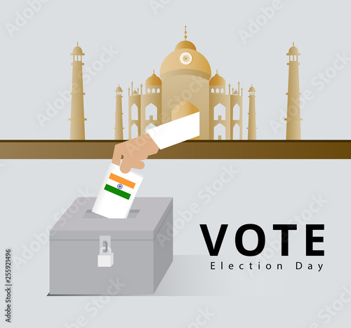 India election day campainge for Indian people or voter go to the polling station and drop ballot in box to choose government and bring country to the future in taj mahal background the landmark 