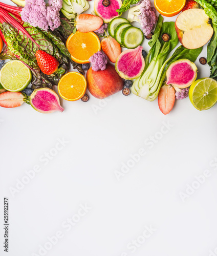 Fototapeta Naklejka Na Ścianę i Meble -  Various summer fruits and vegetables on white background , top view. Food border. Healthy lifestyle