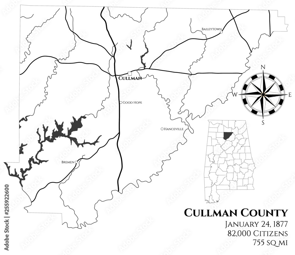 Large and detailed map of Cullman county in Alabama, USA Stock Vector