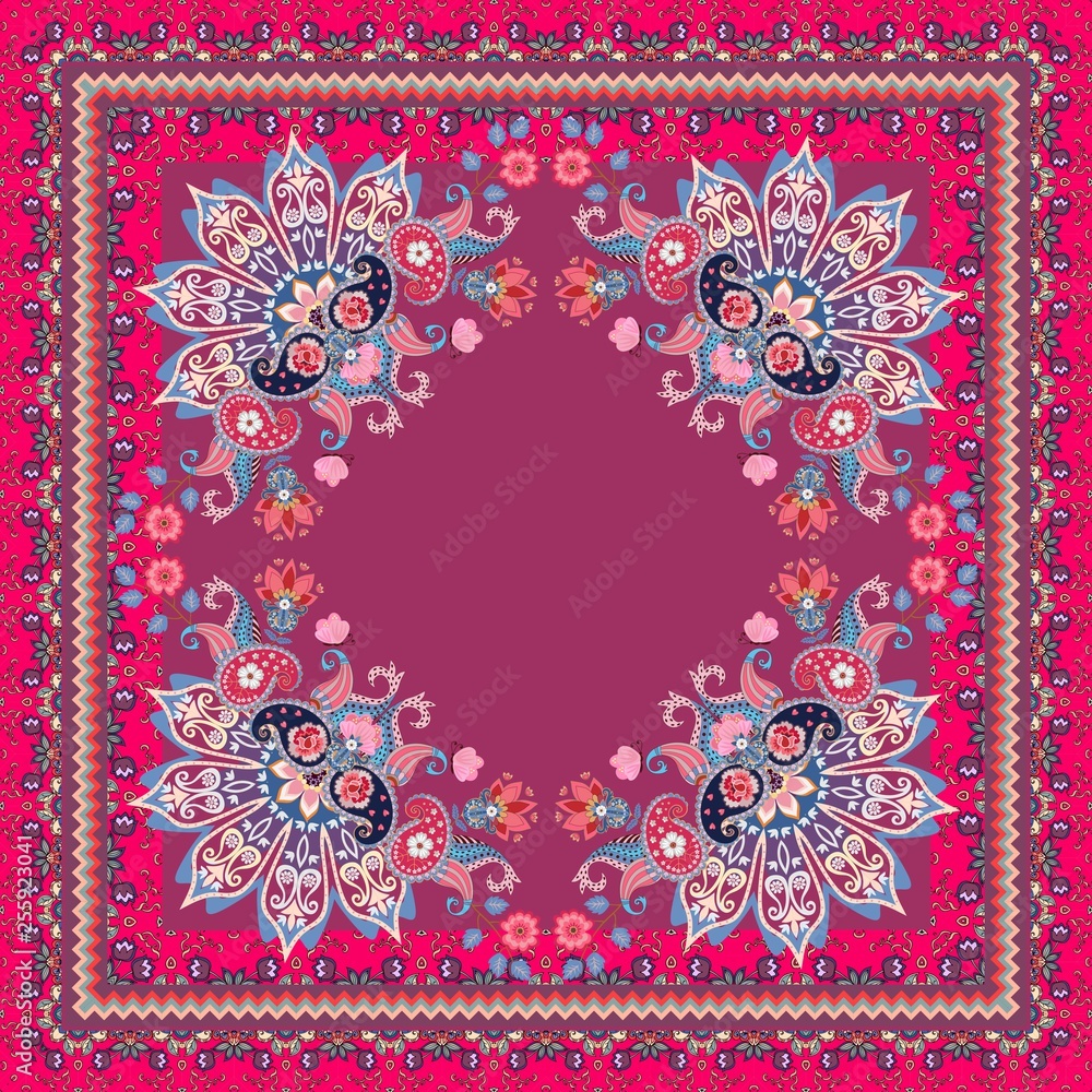 Obraz premium Ethnic bandana print with ornamental border. Silk neck scarf with beautiful flowers, butterflies, mandala and paisley. Rug in indian style.