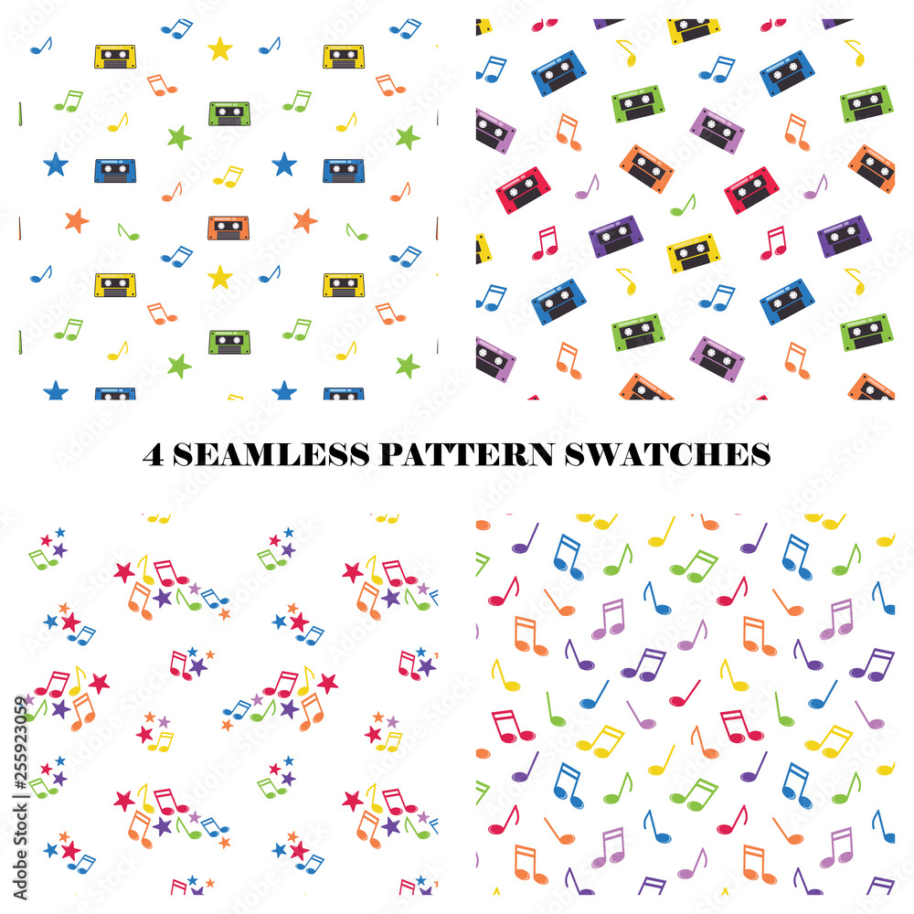 Vector set of 4 music cassettes and notes seamless repeat pattern swatches. Fun musical background. Textile/ wrapping paper design. Vector set of 4 music cassettes and notes seamless repeat pattern swatches. Fun musical background. Textile/ wrapping paper design.