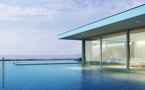 Perspective of modern building with wood terrace and swimming pool on sea view background,Idea of family vacation. 3D rendering. © nuchao