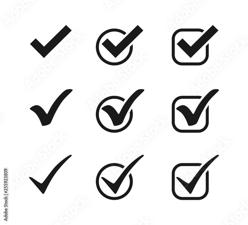 Three black vector check mark icons in circles and squares. Check mark icons. Collection black check marks