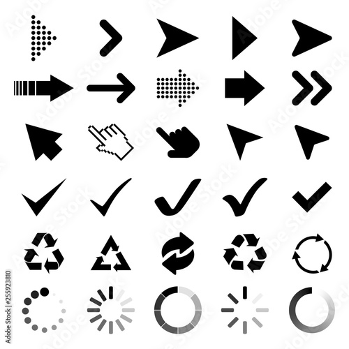 Collection Arrows, Cursor icons, Check marks, black Recycle and loading symbol. Arrow icons. Cursor vector icon. Recycle symbol. Loading icons