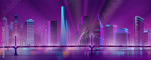 Modern city skyline neon color cartoon vector with illuminated skyscrapers in downtown, suspension bridge over river or bay and projector lights in starry sky illustration. Metropolis night landscape