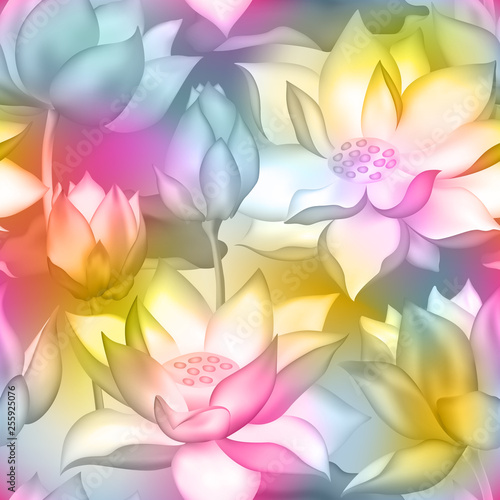 Lotus buds and flowers seamless wallpaper., Water lilly nelumbo aquatic plant floral graphic design.