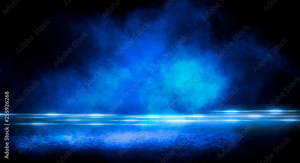 Wet asphalt, reflection of neon lights, a searchlight, smoke. Abstract light in a dark empty street with smoke, smog. Dark background scene of empty street, night view, night city. Wet asphalt, reflection of neon lights, a searchlight, smoke. Abstract light in a dark empty street with smoke, smog. Dark background scene of empty street, night view, night city.