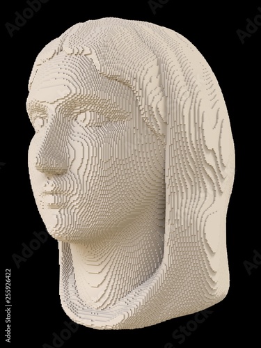 Voxel head of young woman on a black background. Ancient Greek statue of Aspasia or Aphrodite. photo