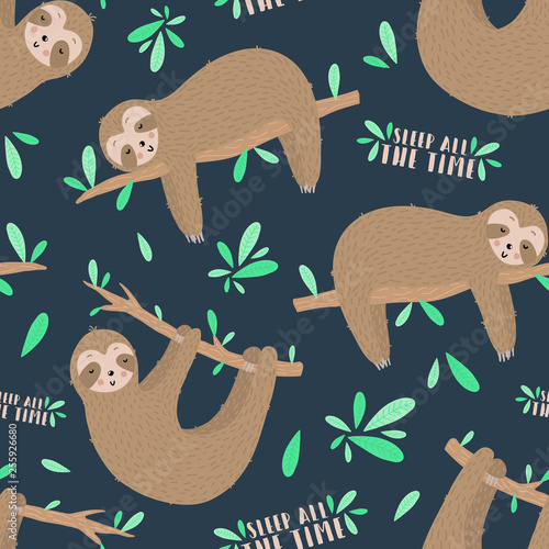 Seamless pattern of sleepy sloths in the night. Hand-drawn illustration of sloth for kids, tropical summer, nursery, textile, texture, print, cover, wallpaper, fabric. Transparent background