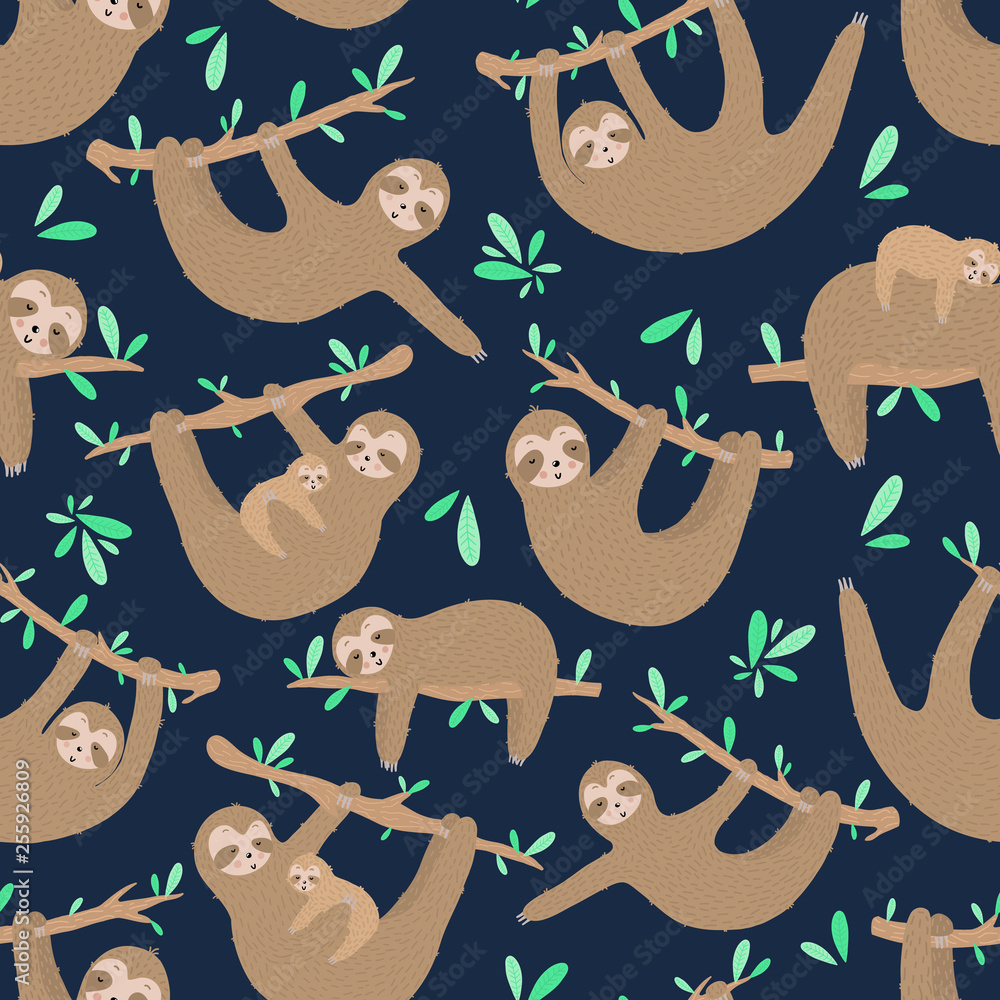 Seamless pattern of sleepy cute sloths in the night. Hand-drawn