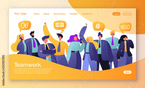 Concept of landing page on teamwork theme. Vector illustration for mobile website development and web page design. Business illustration, teamwork concept. People decide business questions, confer.