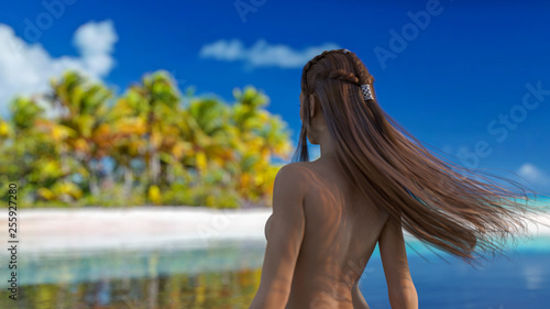 Photos Woman on a desert island enjoying relaxation and tranquility 3d render