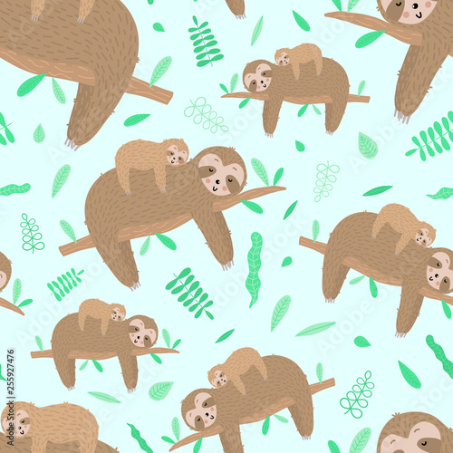 Seamless pattern of cute sloth with baby and leaves. Hand-drawn illustration for kids, tropical summer, textile, print, cover, wallpaper, fabric, mother's day, holiday, wrapping.Transparent background