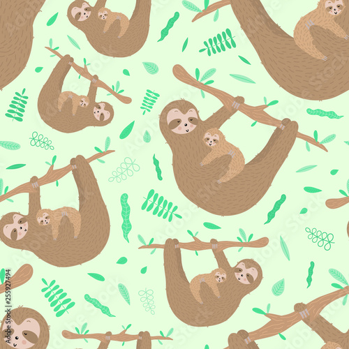 Seamless pattern of cute sloth hugs a baby. Hand-drawn illustration for kids, tropical summer, textile, print, cover, wallpaper, fabric, mother's day, holiday, mom love. Transparent background