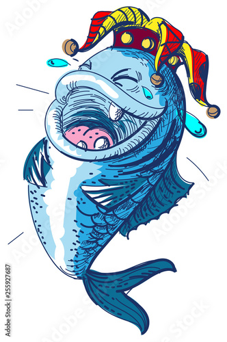 Fish laugh April 1 fools day. Clown crown king of fools