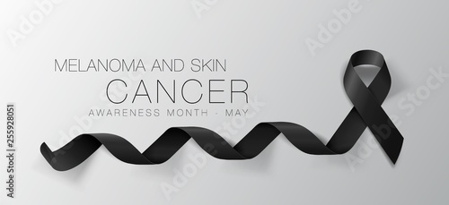 Melanoma and Skin Cancer Awareness Calligraphy Poster Design. Realistic Black Ribbon. May is Cancer Awareness Month. Vector