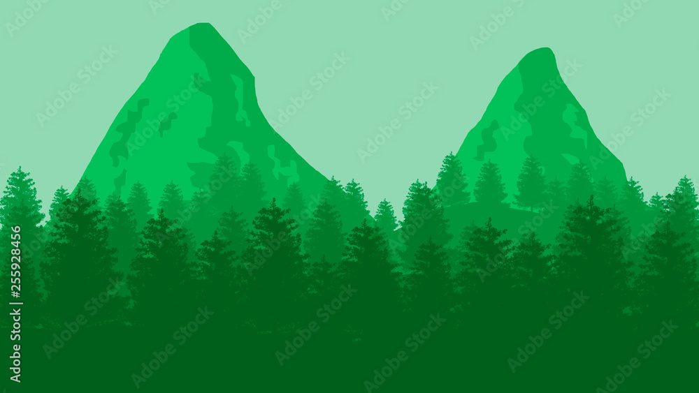 Fototapeta premium Green 2d nature landscape. Mountains background
