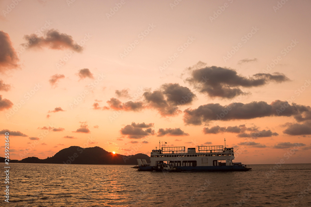 Ferry from mainland to Koh Chang at sunset time.