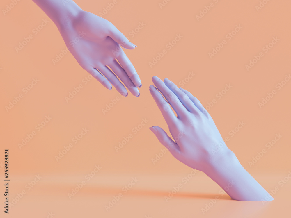 3d render, female hands isolated, minimal fashion background, mannequin body parts, helping hands, partnership concept, peachy violet pastel colors - obrazy, fototapety, plakaty 