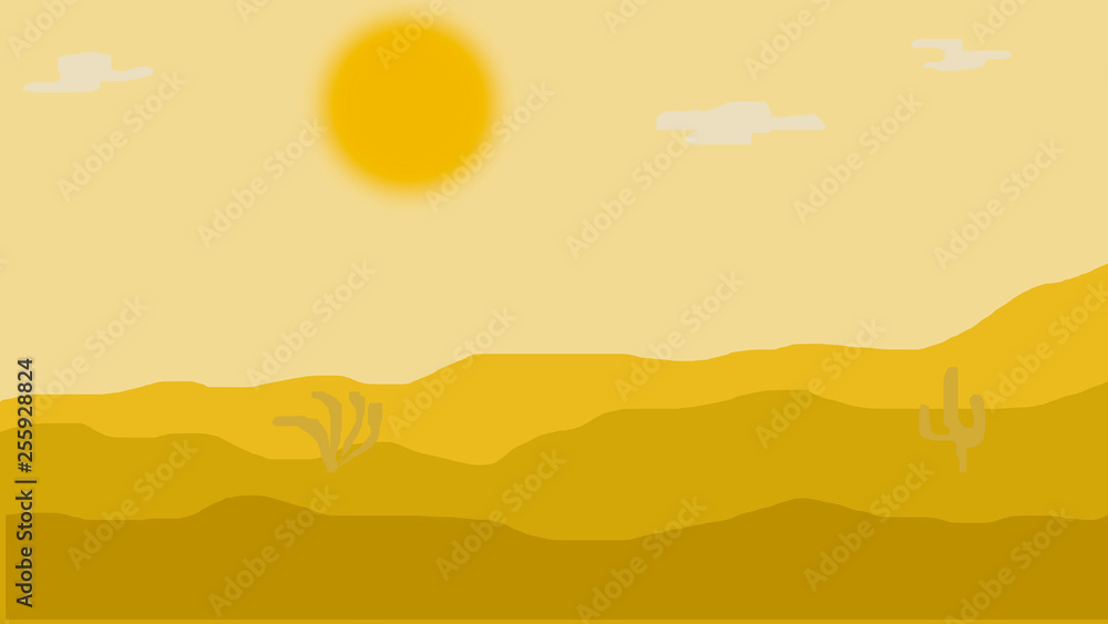 Sunset in the desert. 2d desert background. Dune landscape