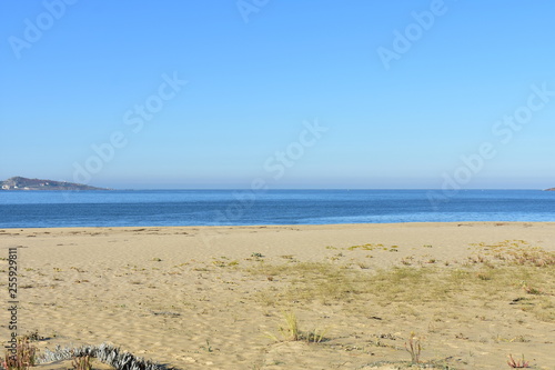 Beach with golden sand  grass and blue sky. Galicia  Spain.