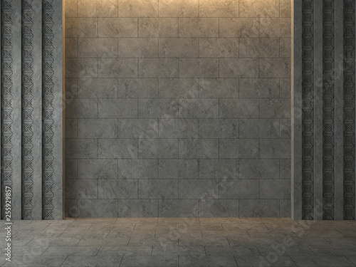 Ancient empty wall 3d render.The room has concrete tile floor and wall ,Decorated with decorative patterns of concrete,There are warm light shining down to the wall. photo