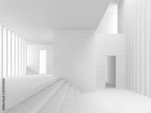 Modern white space interior 3d render.Is a white room with many levels connected by a staircase with an open hall to the upper floor, natural light shining through the room