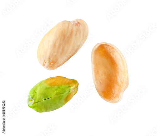 Pistachio nuts, peeled isolated on white background with clipping path.