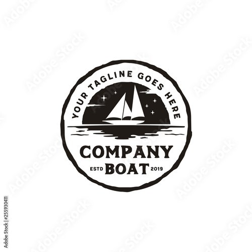 Sailing Boat Ship Silhouette Vintage Retro Rustic Emblem Logo Design