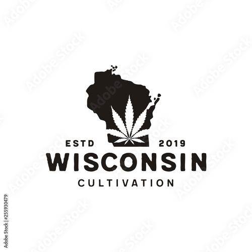 US Wisconsin Map CBD Cannabis Marijuana Weed Leaf Logo