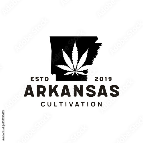 US Arkansas Map CBD Cannabis Marijuana Weed Leaf Logo