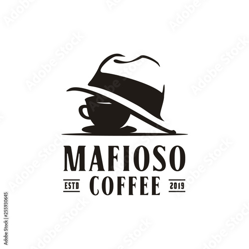 Coffee Cup with Mafia Mafioso Hat Gang Gangster Crime for Detective Cafe Restaurant Bar logo design