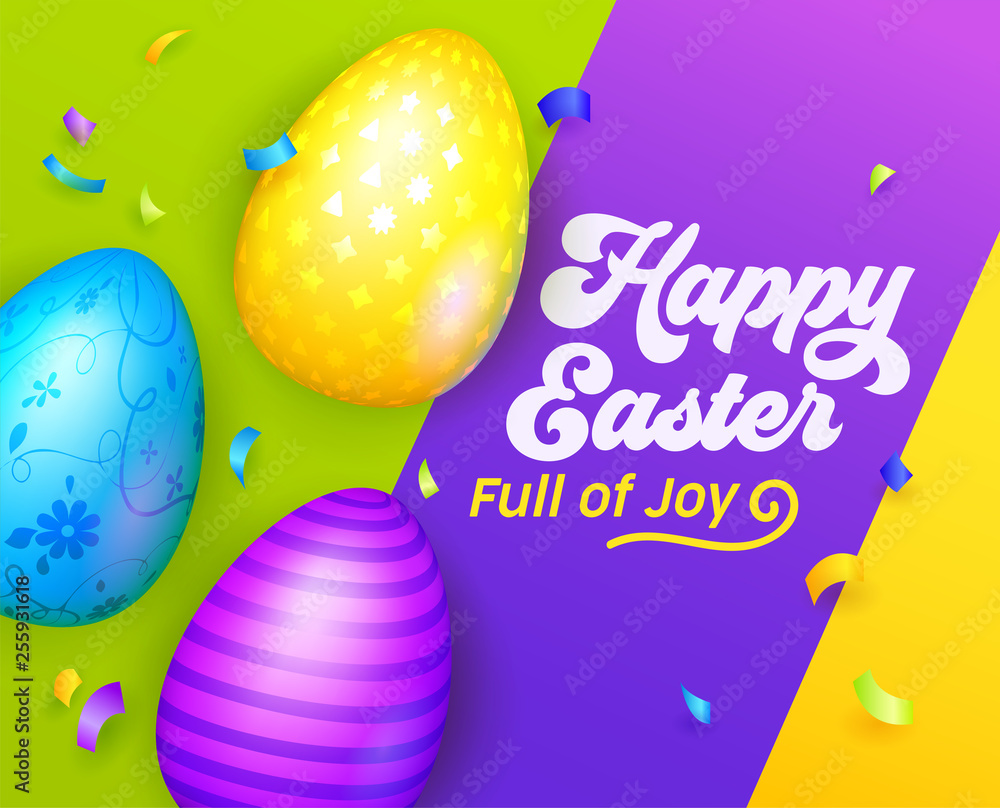Happy Easter Banner with Colorful Eggs. Easter Greeting Card Template. International Spring Celebration Design Party Invitation, Flyer, Poster. Vector illustration Happy Easter Banner with Colorful Eggs. Easter Greeting Card Template. International Spring Celebration Design Party Invitation, Flyer, Poster. Vector illustration
