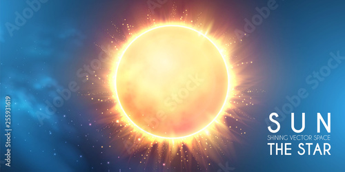 Sun in Universe. Shining Star Cosmos Design. Supernova. Science Background.