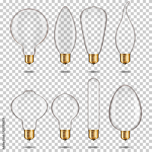 Set of Realistic empty transparent light bulb, isolated.