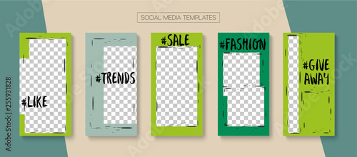 Editable Stories Minimal Vector Layout. Social Media Like and Share, Trends, Sale -50 Photo Frames Kit. Sale Insta Stories Layout