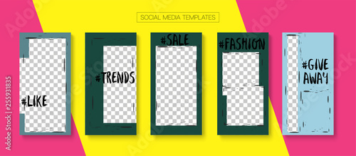 Editable Stories Minimal Vector Layout. Social Media Like and Share, Trends, Sale -50 Photo Frames Kit. Sale Insta Stories Layout