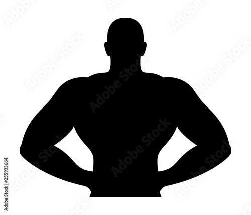 Silhouette of muscular sports man. Bodybuilder standing with hands on hips, body torso, flat fitness and sport icon. Health care Athletic man Logo. Black isolated vector object