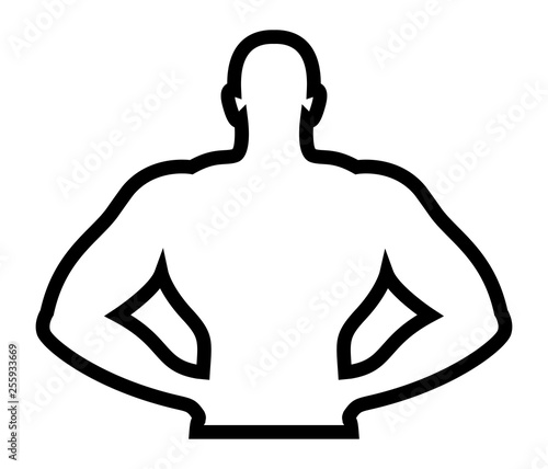 Silhouette of muscular sports man bodybuilder standing with hands on hips, body torso, flat fitness and sport icon. Health care Athletic man Logo. Black outline isolated vector object