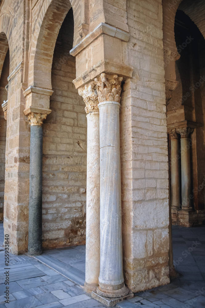 Columns inGreat Mosque of Kairouan in Kairouan city in Tunisia also known as Mosque of Uqba