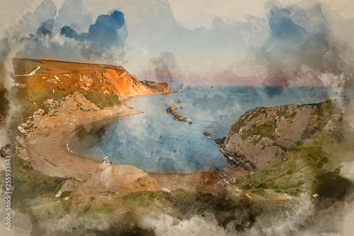 Watercolour painting of Beautiful sunset landscape image of Durdle Door