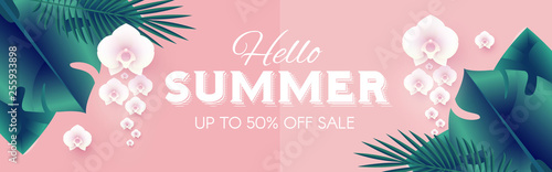 Hello, Summer Tropical Design Template with Palm Leaves and Orchid Flowers.