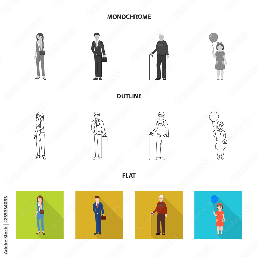 Vector illustration of character and avatar sign. Collection of character and portrait stock symbol for web. Vector illustration of character and avatar sign. Collection of character and portrait stock symbol for web.