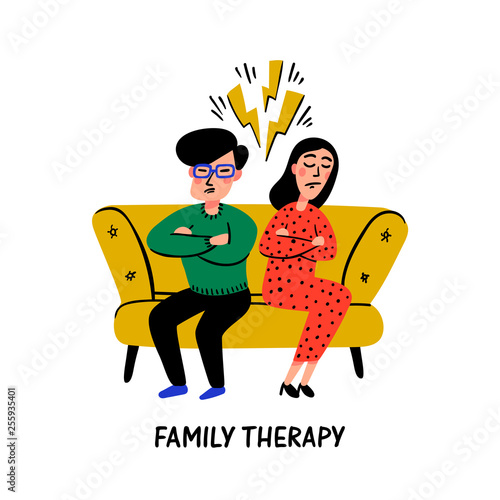 Psychology. Family therapy. Unhappy family couple characters on psychologist session, psychotherapy counseling. Psychology, brain and mental health. Doodle style flat vector illustration