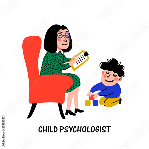 Psychology. Child psychologist. Woman Psychologist tests the child. Preparation for school. Doodle style flat vector illustration
